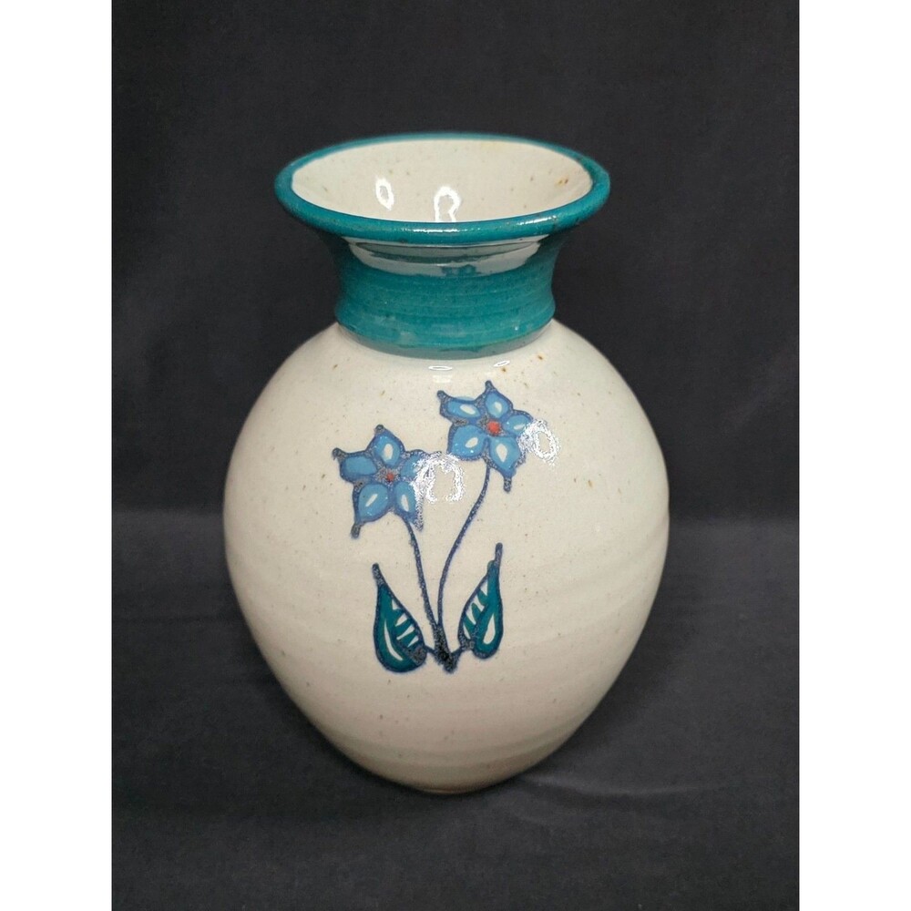 Hand Thrown Studio Pottery Vase Gray & Teal Blue Floral Stoneware Signed 6.75" - Picture 3 of 14